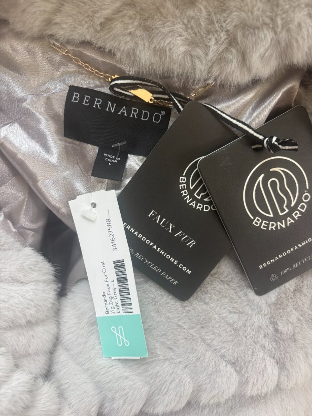 Bernardo Zig Zag Faux Fur Coat — Light Grey, size L NWT - Picture 4 of 6